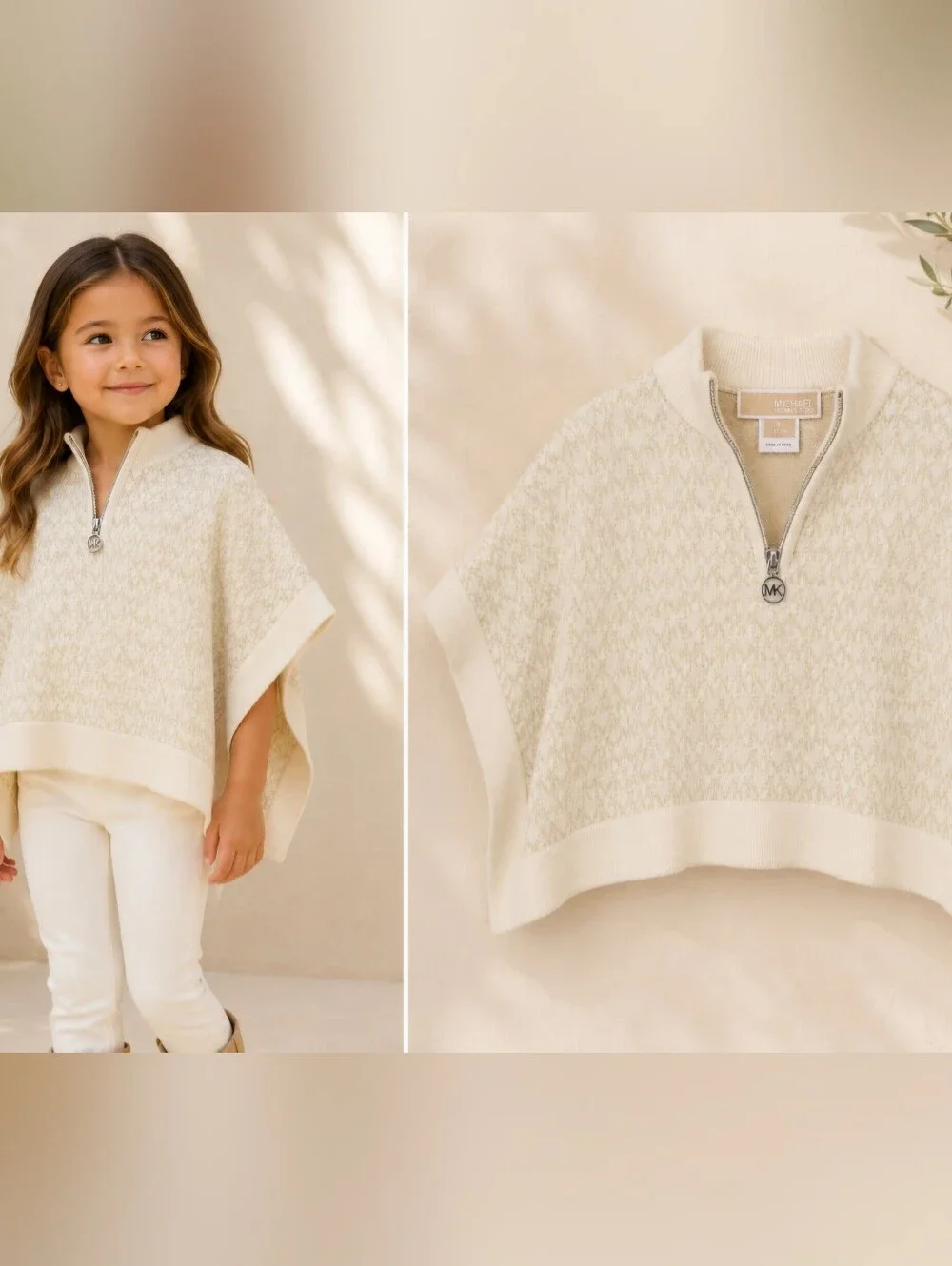 Michael Kors Girls Cream Logo Half-Zip Cape Size 4
